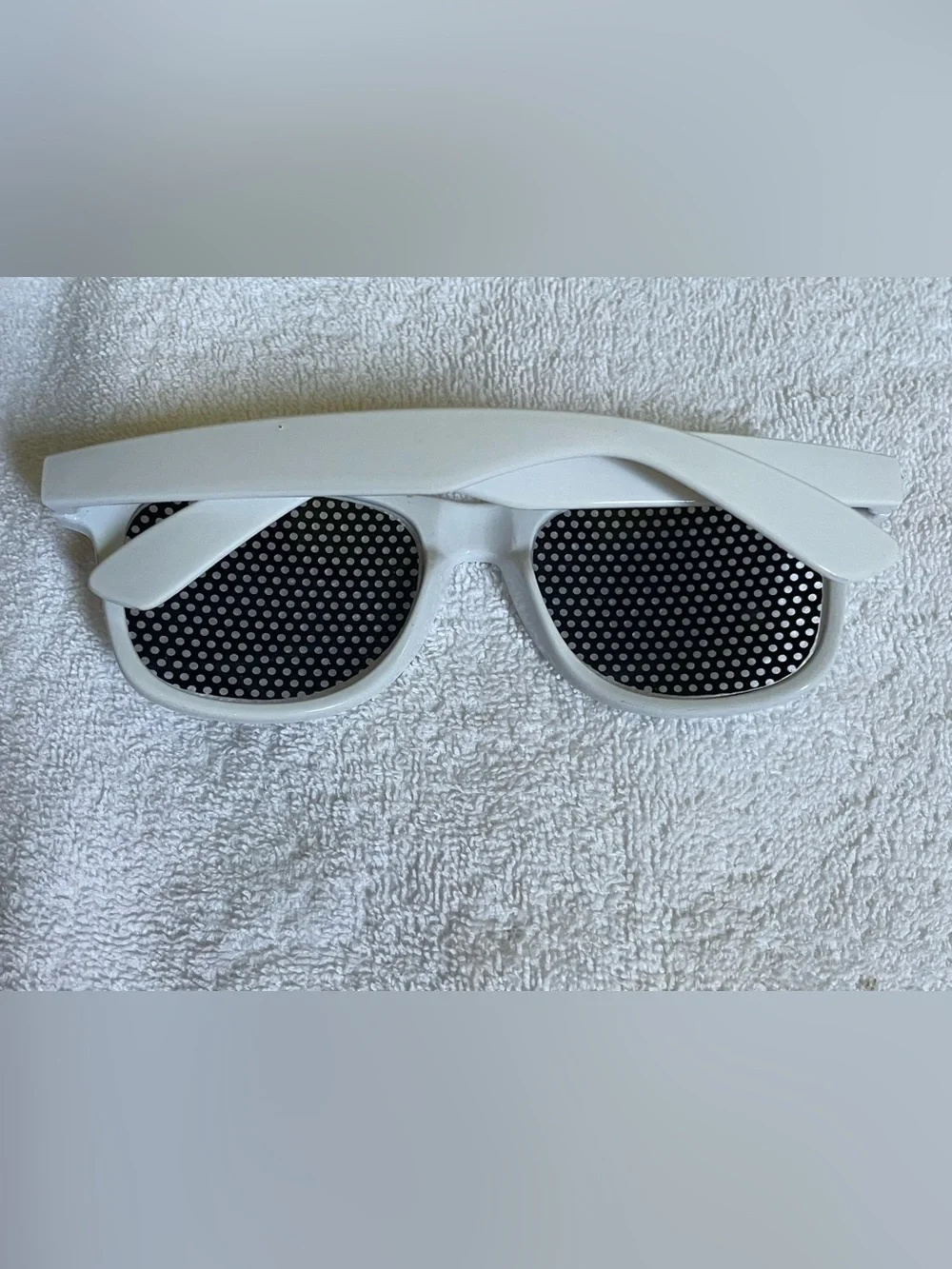 White Perforated Novelty Sunglasses with Purple & Lime Graphics